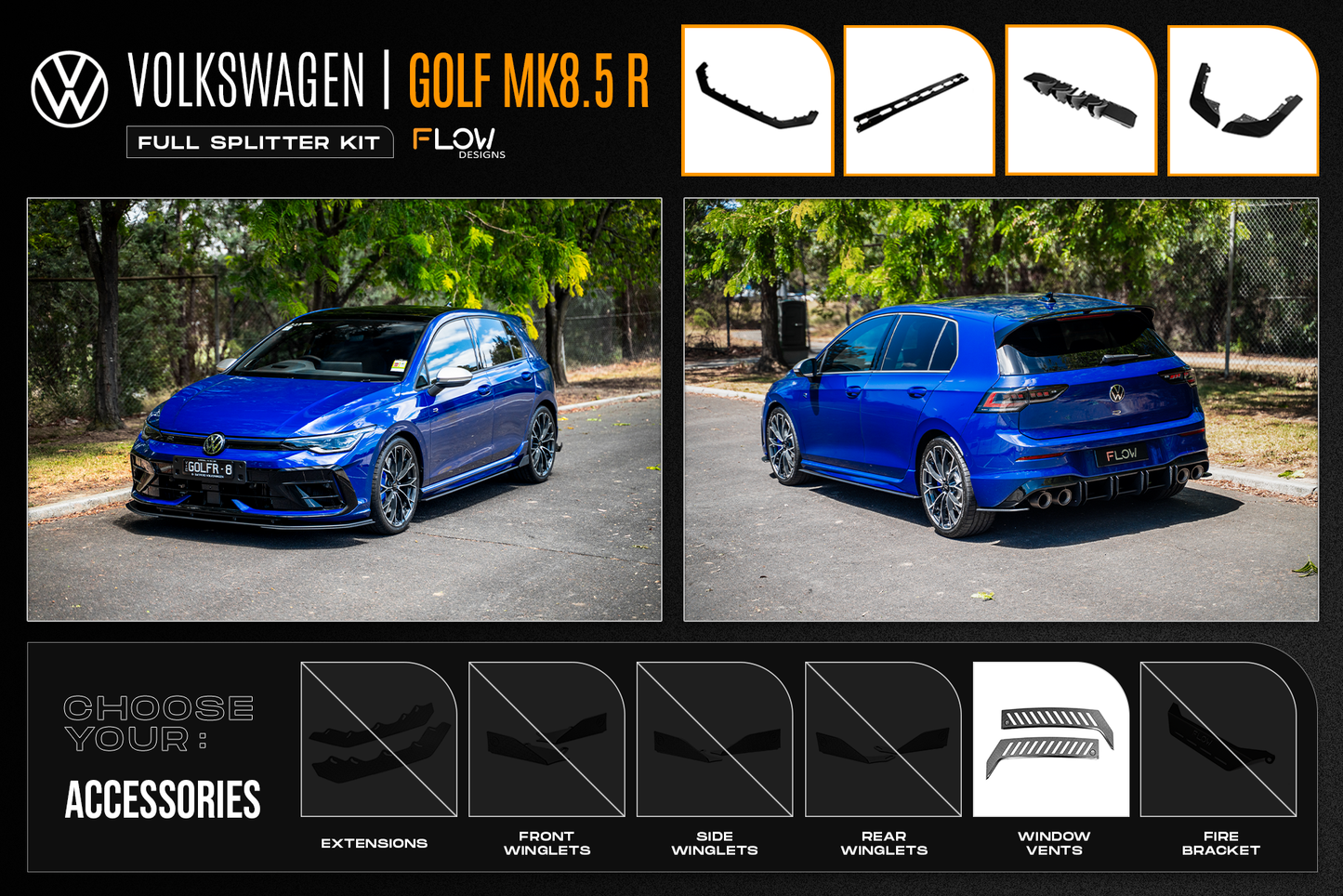 Flow Designs MK8.5 Golf R Full Lip Splitter Set