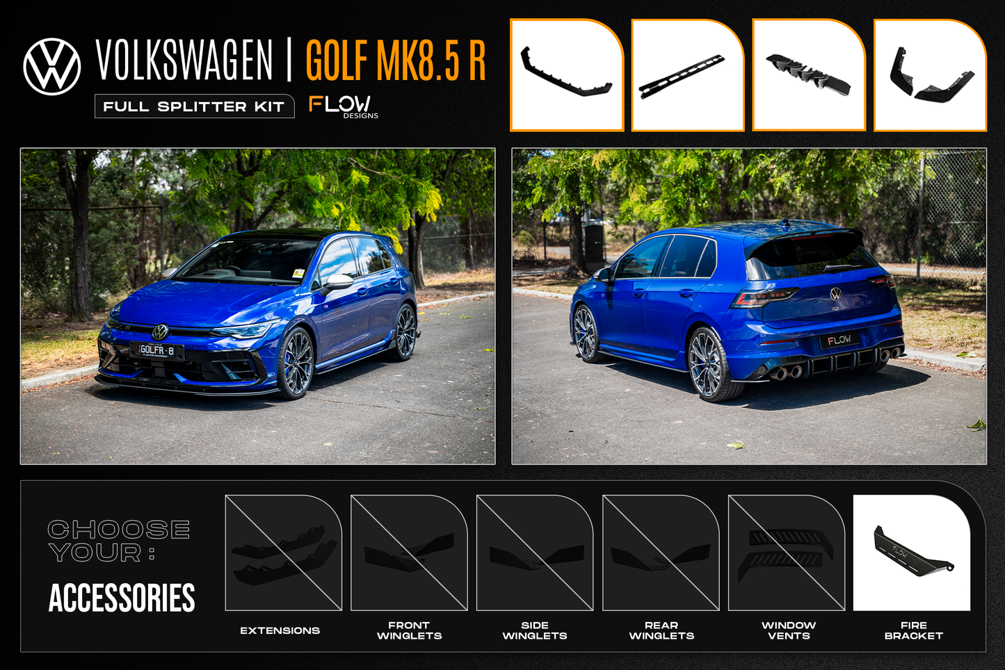 Flow Designs MK8.5 Golf R Full Lip Splitter Set