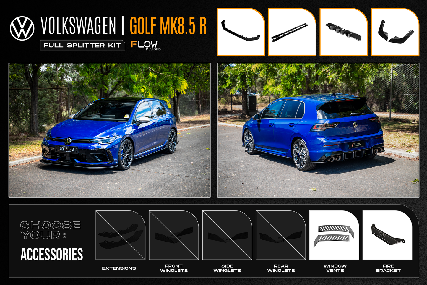 Flow Designs MK8.5 Golf R Full Lip Splitter Set