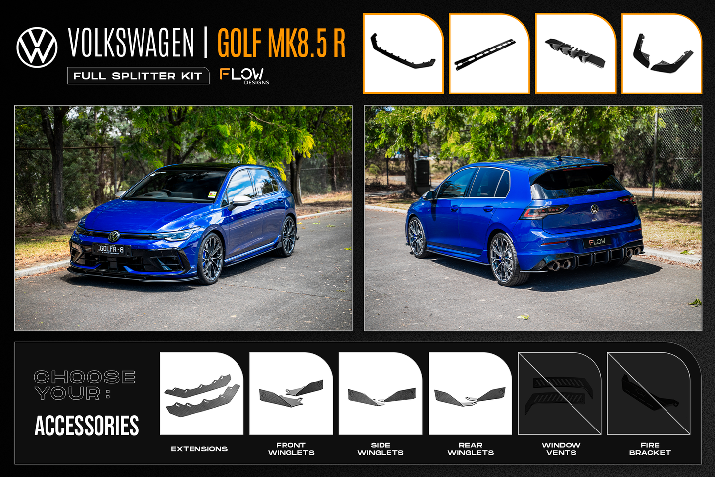 Flow Designs MK8.5 Golf R Full Lip Splitter Set