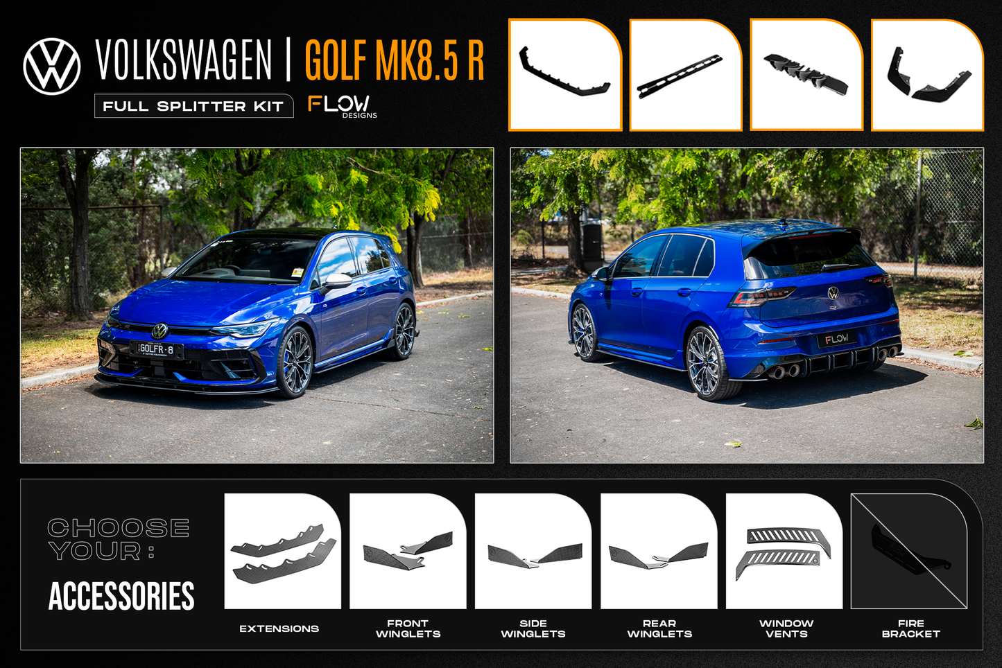 Flow Designs MK8.5 Golf R Full Lip Splitter Set