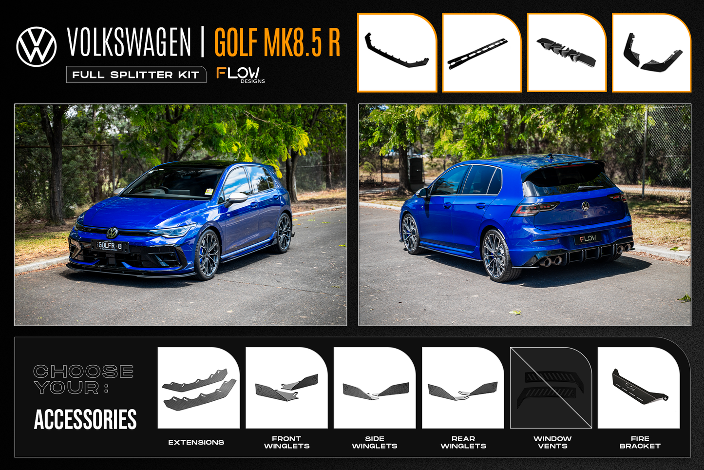 Flow Designs MK8.5 Golf R Full Lip Splitter Set