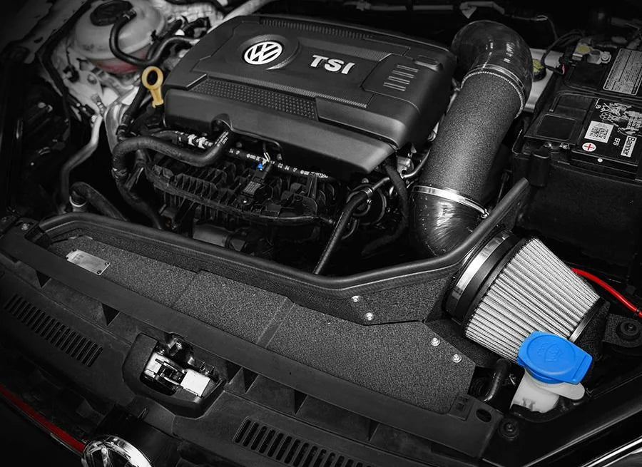 Integrated Engineering MQB Gen 3 cold air intake fitted in a VW Golf engine bay